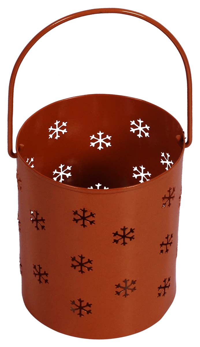 Orange Color Tea-Light Candle Holder – Cylindrical Shaped – Cast in Iron – Cut-Outs of Snowflake Symbols – Party Decorations / Home Décor - Buy in Bulk Wholesale